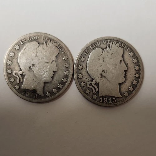 Barber Half Dollar Coins 1913 & 1915 Silver 50C Lot of 2 Circulated