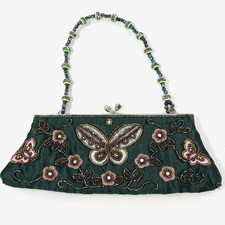 Y2K Heavily Beaded Embroidered Evening Bag Green Kiss Lock Convertible Straps