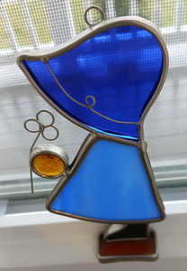 Vintage Stained-Glass Sun Catcher- Girl with a Bonnet Holding Flower- Window Art