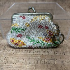 Beaded Coin Purse VTG 70s Sparkly Floral Metal Clasp Sz 3.5" X 3.5"