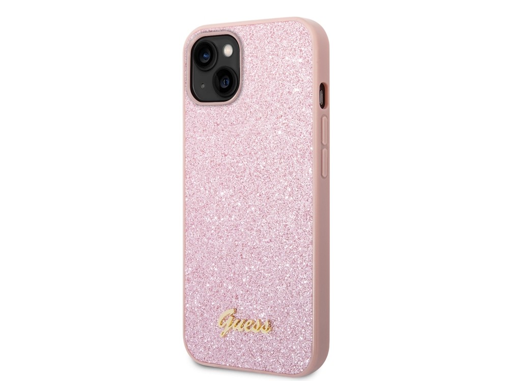 Coque TPU antichoc Guess Glitter Script rose pour iPhone 14 Plus