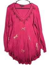 Greater Good Tunic Womens L/XL Red Embroidered Dragonfly Boho Whimsigoth Flowy