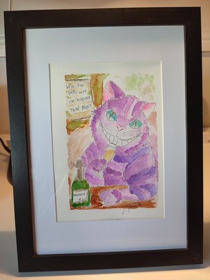 Grinsekatze mit Getränk Original Aquarell schrulliges Gemälde mit Rahmen