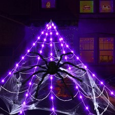 Giant Spider Web Halloween Decorations 16.4ft 135 LED Purple Light Stretch Trian