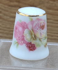 Reutter Germany Collectable China Thimble Pink Flowers Gold Rim Box