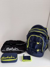 satch pack Schulrucksack in blau Toxic Yellow, viel Zubehör *TOP*