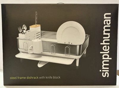 New Simplehuman Dish Drying Rack Stainless Steel Frame White w/ Knife Block
