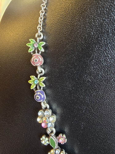 Lia Sophia "Vintage Bloom” Matte Silver w/Multi-color Crystals Flower Necklace - Picture 6 of 9