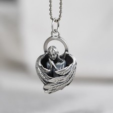 S925 Sterling Silver ANGEL WING Pendant Serene Guardian Angel Detailed Oxidized