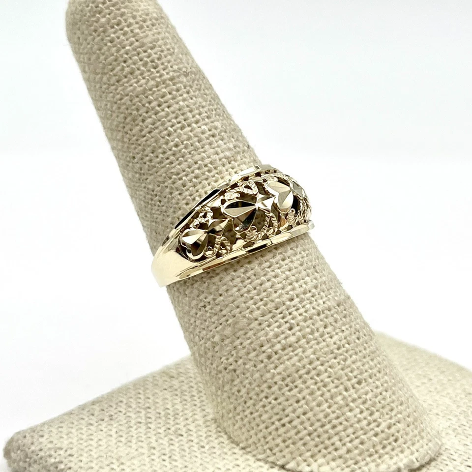 10K 黄金钻石切割纹理金银丝圆顶戒指 尺寸 7.5 (LO1005897) — 第 4/4 张图片