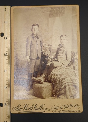 Cabinet Card Antique Photo Cute Little Boys Brothers Suits Reading PA Backdrop - Picture 2 of 8