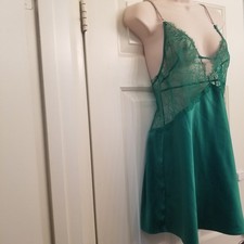 Victoria's Secret Brand Emerald Green Satin Mesh Lace Chemise Lingerie SZ L