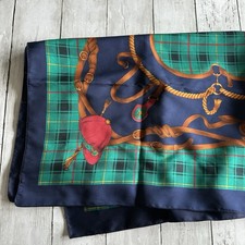 VINTAGE FOULARD STYLE SQUARE SCARF HORSE BACK RIDING THEME BLUE GREEN SCARF