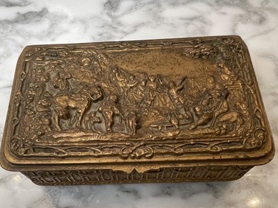 Antique Jennings Brothers Gilt Bronze Jewelry Trinket Box Relief Scene c.1900