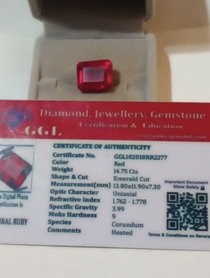 NATURAL EARTH MINED CERTIFIED GEM TESTED HEATED EMERALD CUT RED RUBY 14.75 CTS.