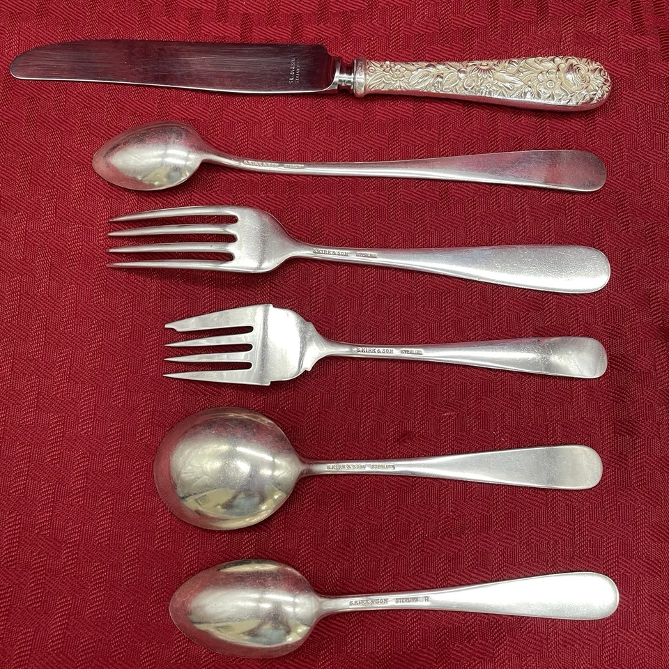 VINTAGE STERLING S. KIRK AND SON REPOUSSE FLATWARE 5- SIX PIECE PLACE SETTINGS - Image 3 of 4