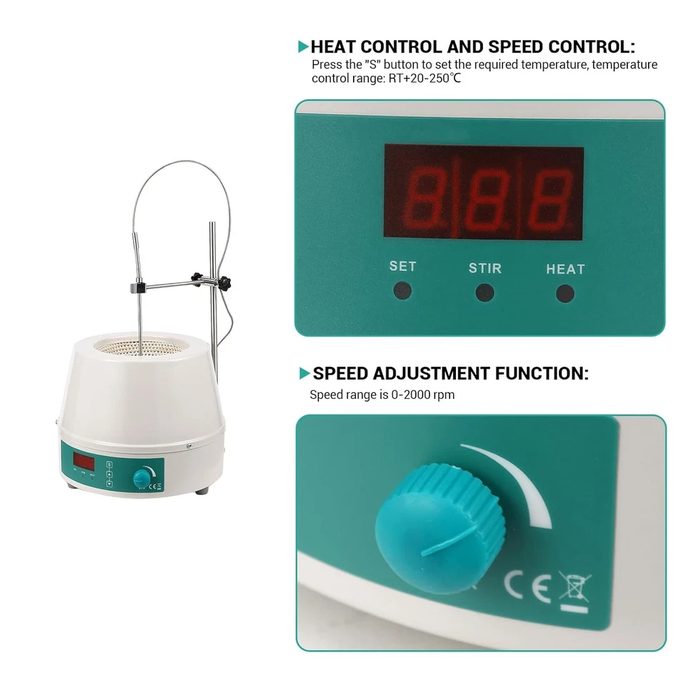 Цифровая магнитная куртка для перемешивания и нагрева 1000 мл 350 Вт ПИД-оборудование для контроля температуры - Изображение 3 из 4
