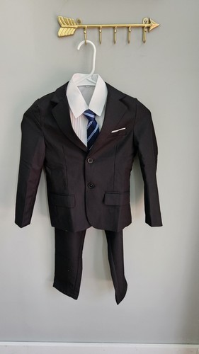 Boys 4 Piece Black Dress Suit w/ Navy Blue Striped Tie & White Ribbed Shirt Sz 6 - Picture 8 of 8