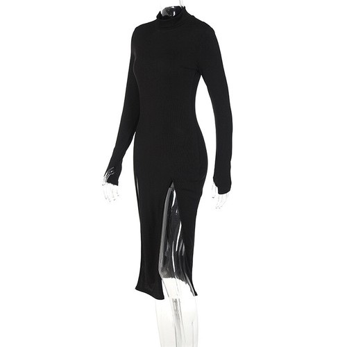 New Women's High Neck Long Sleeve High Split Irregular Fit Mid Length Dress - Picture 4 of 4