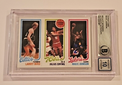 Magic Johnson Signed Autographed Magic Bird Irving Rookie Reprints Card Beckett