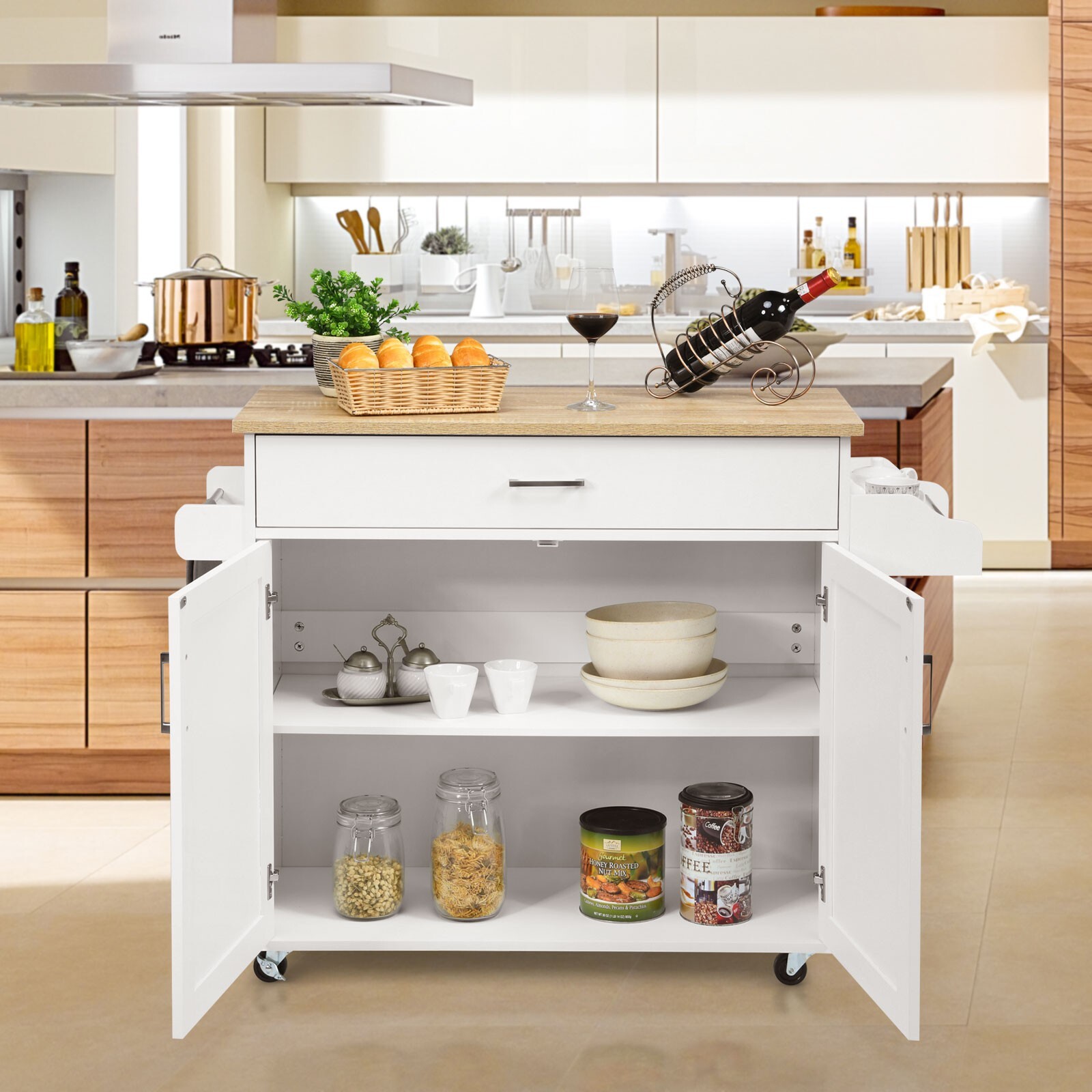 Kitchen Island Storage Trolley Rolling Cart Shelves Cupboard