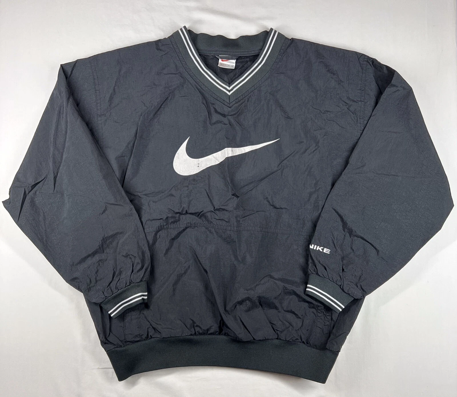 VTG Nike Big Center Check Pullover Windbreaker Jacket Black Embroidered XL