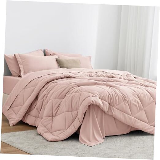 Comforter Set 7 Pieces Bed in a Bag, All Season Bedding Sets with 1 Full Pink-image