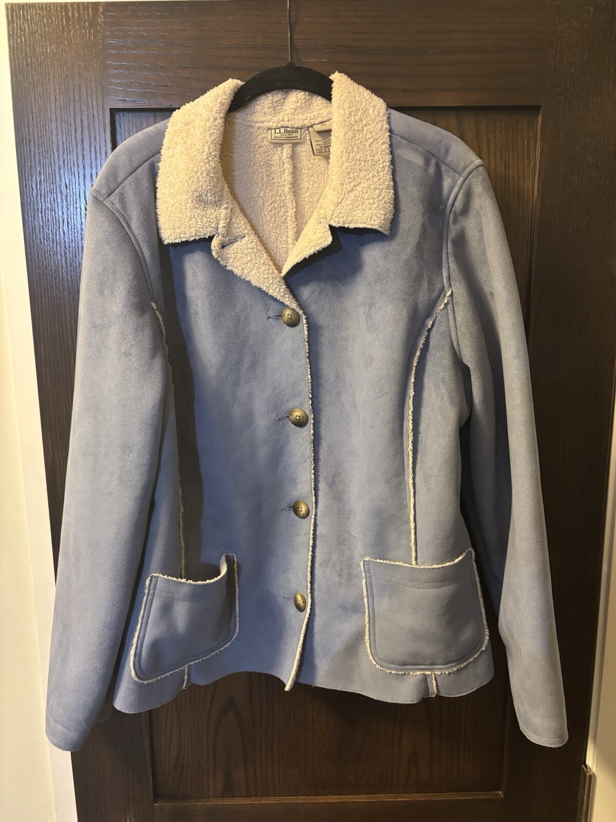 LL Bean Womens XL Ice Blue Faux Shearling Button Jacket
