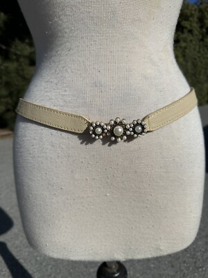 Francescas Belt Small Medium Ivory Floral Pearl Fashion Faux Leather Womens