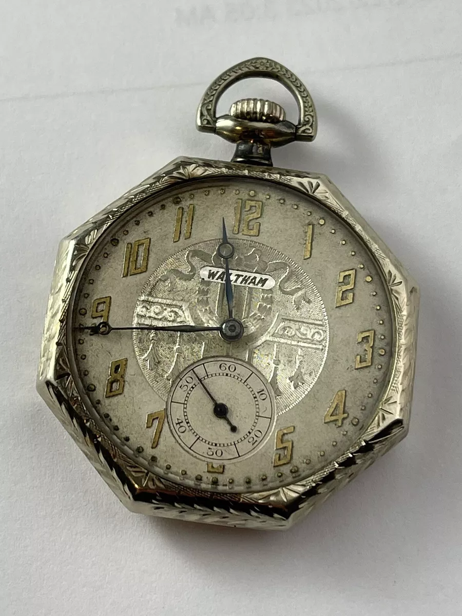 Antique American Waltham 14K white gold Octagon Pocket Watch