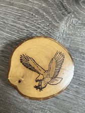 Vintage wood burned belt buckle Flying Eagle Bird Bin 46