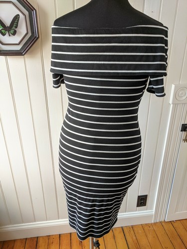 Juicy Couture Dress sz M Black White Stripe Ribbed Off Shoulder mini Sheath NWT - Picture 4 of 7