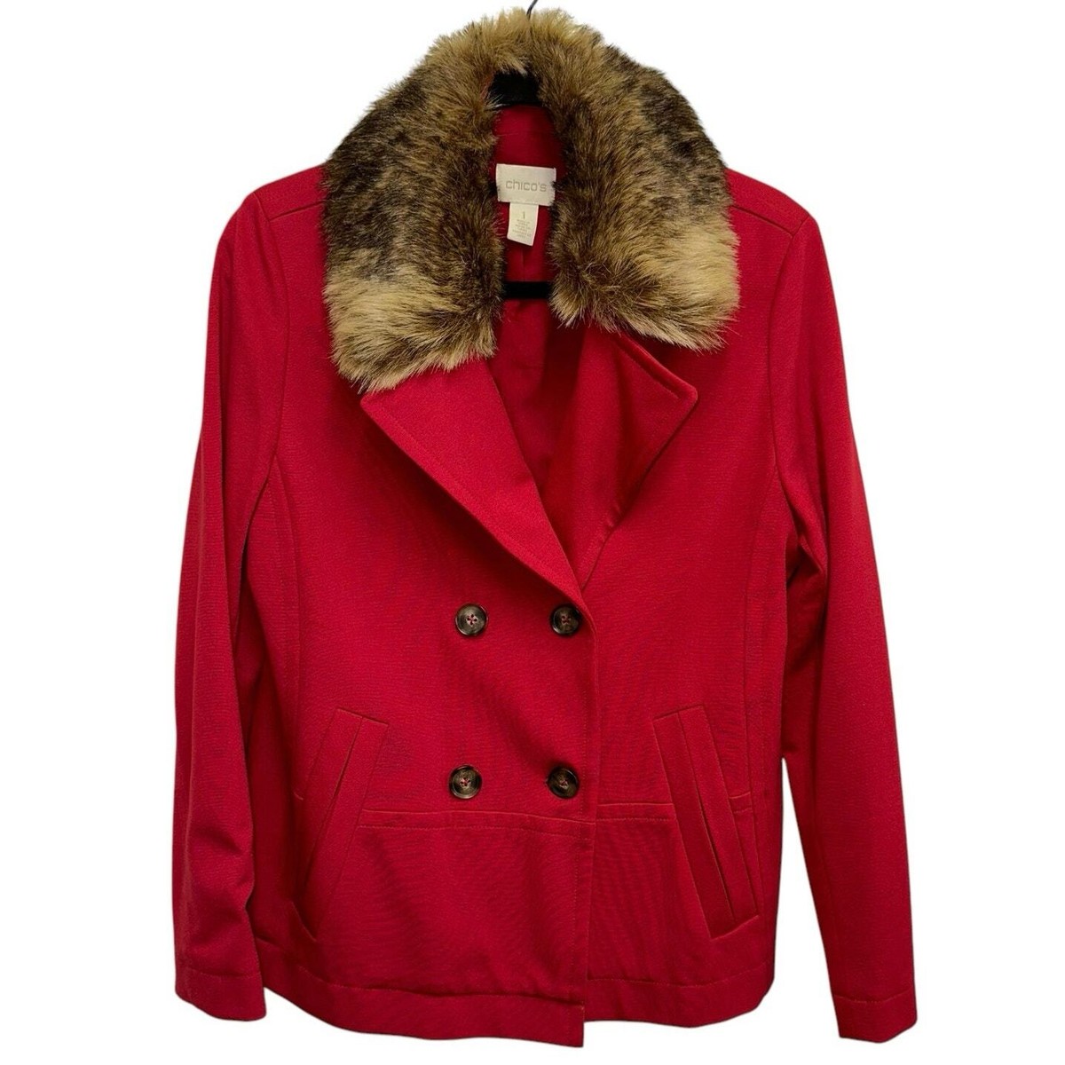 Chico’s Red Faux Fur Pea Coat