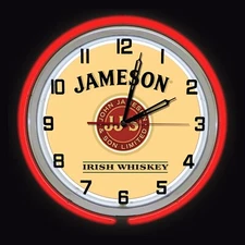 15" Jameson Irish Whiskey Sign Neon Clock, RED Outside Tube, Two Neon Tubes
