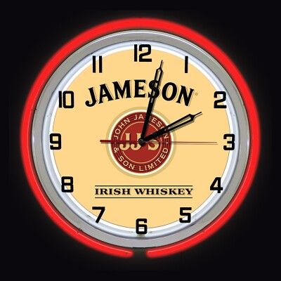15'' Jameson Irish Whiskey Sign Neon Clock, RED Outside Tube, Two Neon Tubes