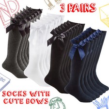 3 Pack Back to School Girls Knee Socks with Bows Uniform High Kids Plain Cotton