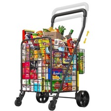 Shopping Cart for Groceries, Height Adjustable Folding Utility Cart with Doub...
