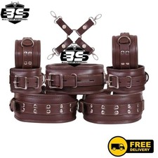 Real Cow Leather Wrist, Ankle, Thigh Cuffs ,Collar and Neck Collar Set 7 Pieces