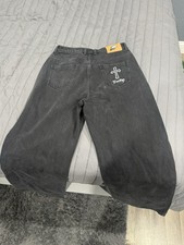 Evoke Black Denim Cotton Jeans Cross Embroidery 5-Pocket Men's Medium Wash