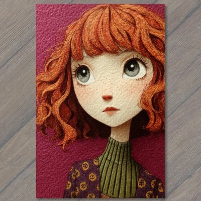 ART PRINT Redhead Girl Big Eyes Freckles Curly Hair Whimsical Cute Character
