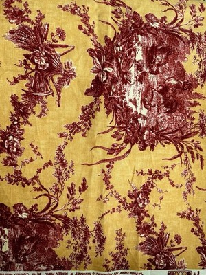 French Toile Floral Pastoral Water Fowl Bird .5 Yard Fabric 19.3x 55 Red Yellow