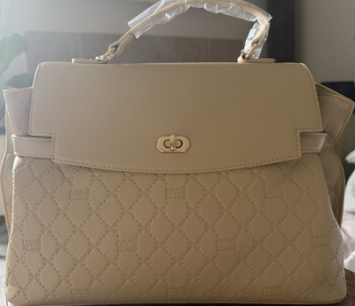 Cavalli Class Beige Quilted Satchel Top Handle Turn Lock Gold w/ Strap