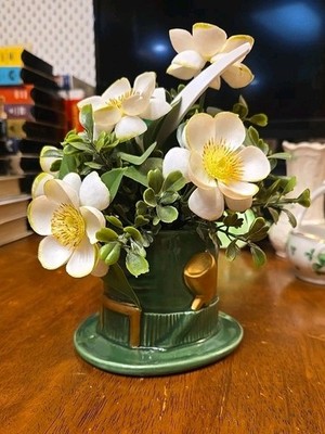 Vtg St Patrick's Day Shamrock Clover Leprechaun Cap Top Hat Planter Ceramic Old