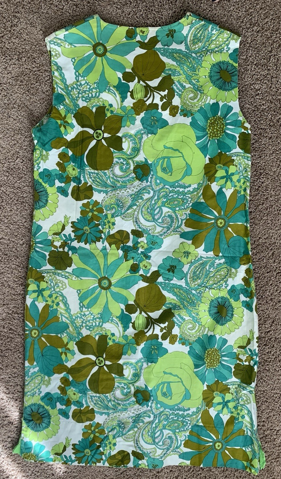 Vtg 60/70s Sears Perma-Prest Green Floral Mod House/Day Front Zip Dress-Size 16