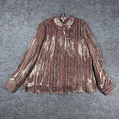 NWT E3 Etcetera Button-Down Silk Metallic Multi Geometric Shimmer Shirt Size 14