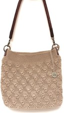 The Sak Triple Fan Crochet Shoulder Bag Tan Faux Leather Trim 9.5x11 defect