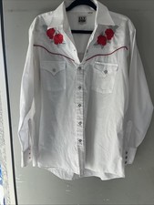 Ely Cattleman Pearl Snap Western Shirt Men  s Large White Embroidered Roses Rodeo
