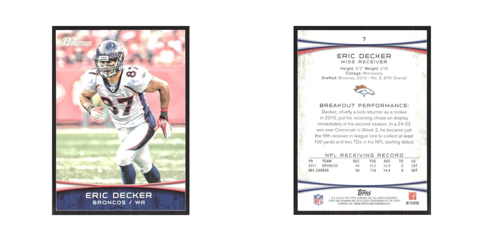 2012 Bowman Eric Decker Broncos #7 - Image 3 of 3
