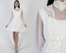 Vtg 60s High Waist Bridal Dress Off Wht Mod Monochrome Sheer Lace Wedding Mini