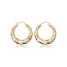 Tri-Color Gold Ribbed Twist Hoop Earrings